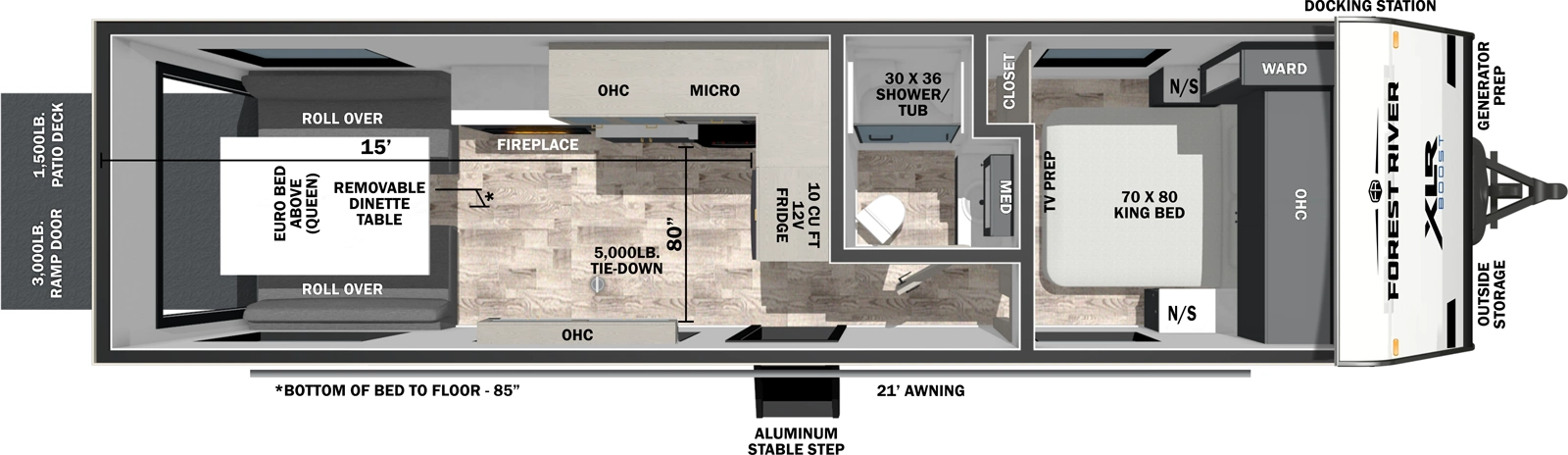 The XLR Boost 2715B floorplan is a toy hauler that has one entry and zero slide outs. Exterior features include: fiberglass exterior and 21' awning. Interiors features include: front bedroom.